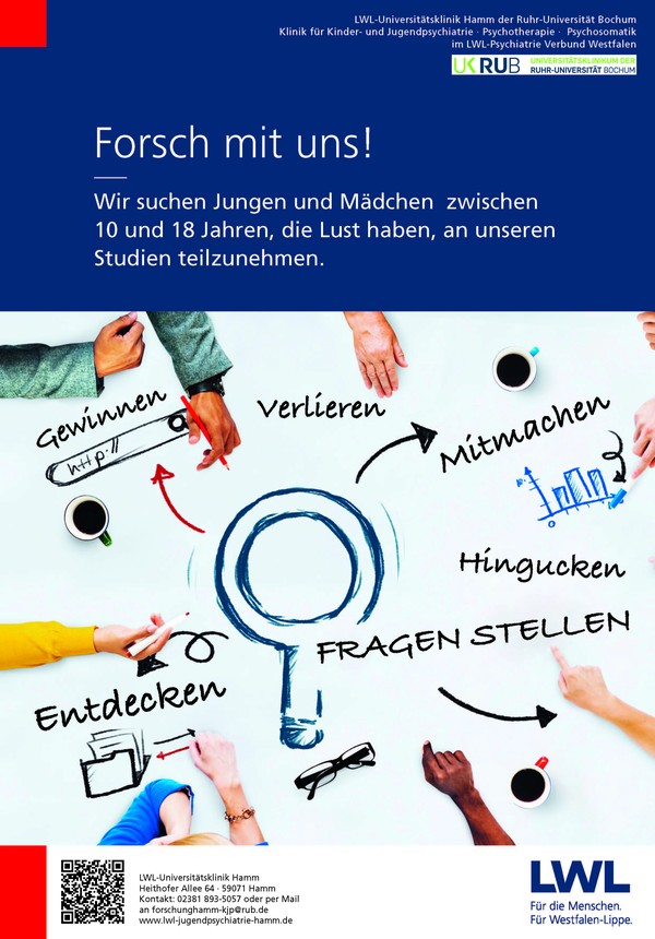 Plakat Forsch' mit uns mit einer Lupe in der Mitte