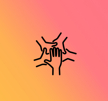 Auf orange-rotem Hintergrund ist eine schwarze Zeichnung von mehreren Händen zu sehen.