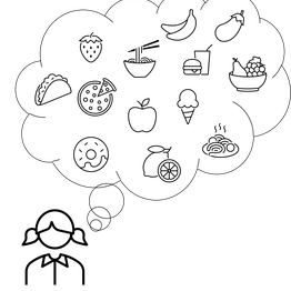Gezeichneter Kopf mit einer Denkblase, die mit unterschiedlichen Lebensmitteln gefüllt ist, zum Beispiel Eis, Obst, Pizza und Spaghetti.