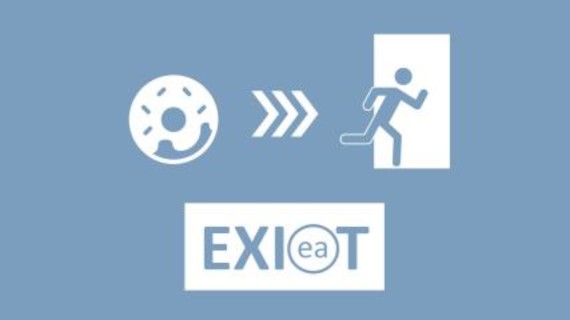 Logo EXI(ea)T-Studie mit einer Person, die durch eine Tür läuft