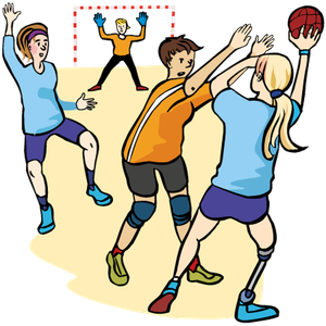 Mehrere Frauen spielen gegeneinander Handball und die Spielerin im Ballbesitz hat einen künstlichen Unterschenkel
