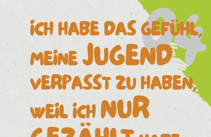 Plakat zum Podcast mit dem Inhalt: "Ich habe das Gefühl, meine Jugend verpasst zu haben, weil ich nur gezählt habe, wie viele Apfelstücke ich esse",