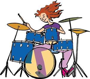 Eine junge Frau spielt beschwingt auf einem Schlagzeug und lässt dabei ihre langen Haare kreisen