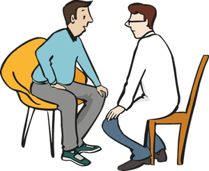 Ein Mann in einem langen, weißen Kittel sitzt einem anderen Mann auf einem Stuhl gegenüber und hört aufmerksam zu, was dieser ihm erzählt