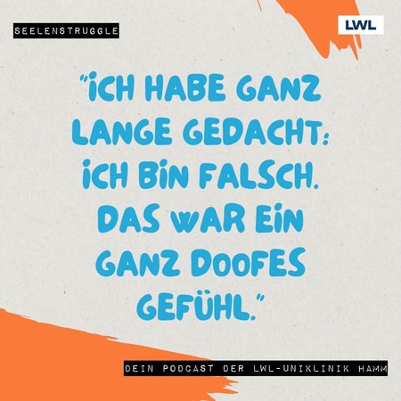 Auf farbigem Hintergrund steht in blauer Schrift geschrieben: Ich habe ganz lange gedacht ich bin falsch, das war ein ganz doofes Gefühl