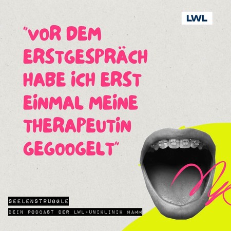 Hier steht: Vor dem erstem Gespräch habe ich erst einmal meine Therapeutin gegoogelt" Daben ist ein Mund abgebildet.